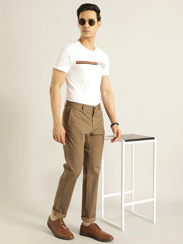 Indian Terrain Men's Slim Fit Self Design Brown Trousers